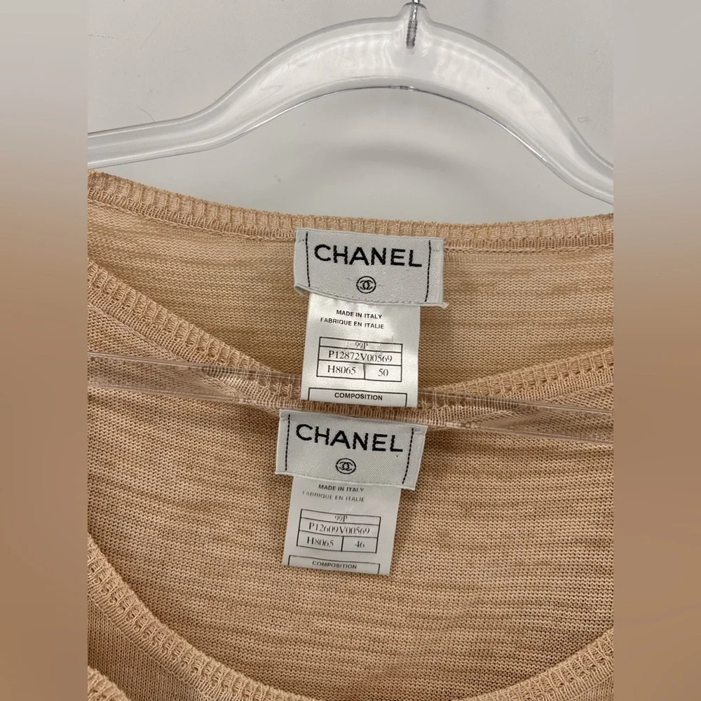 CHANEL Cardigan Twin Set 99P Beige Size 46 Tank Size 50 Cardigan Cotton